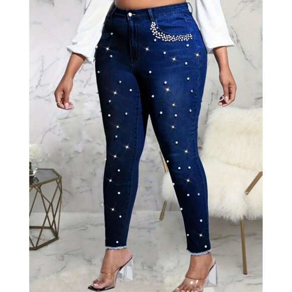 Women's High Rise Skinny Jeans Cotton Stretch Pearl Rhinestones Casual Dressy - Picture 2 of 8